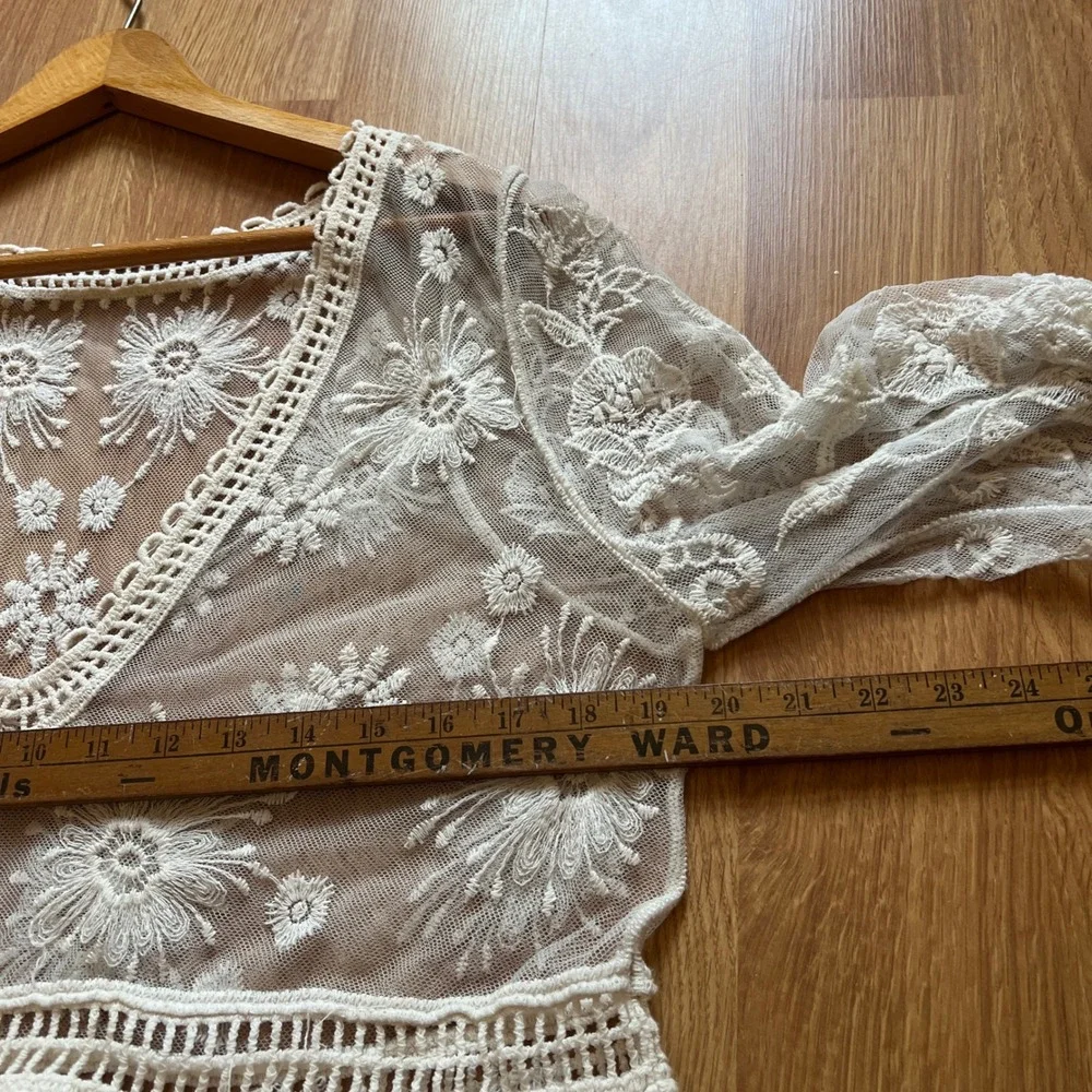 White Floral Lace Crochet Small Beach Cover Up Sheer Boho Mini Dress Festival